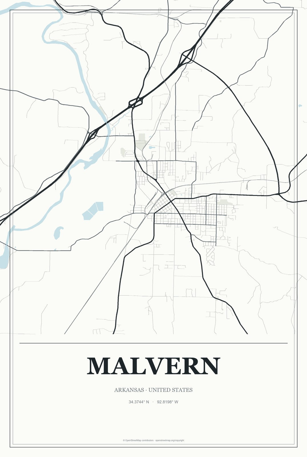 Malvern, Arkansas City Map Aluminum Sign in Gallery Air style
