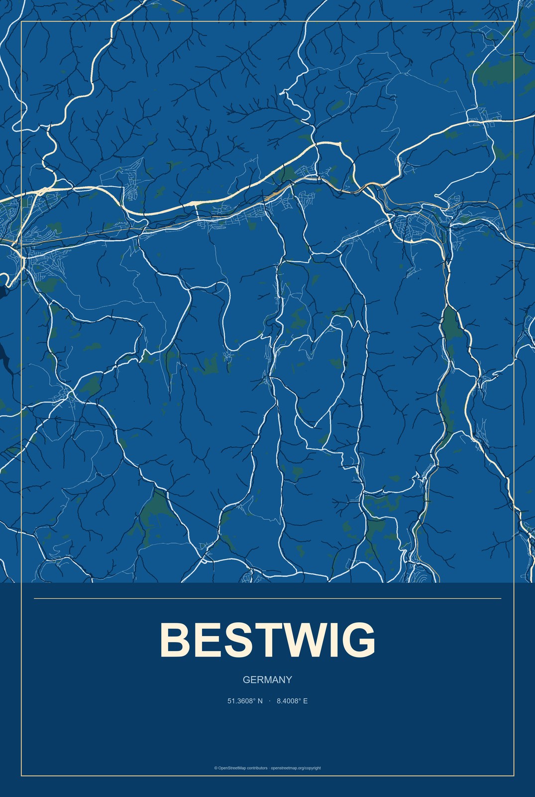 Bestwig, Germany City Map Aluminum Sign in Harbor Cobalt style
