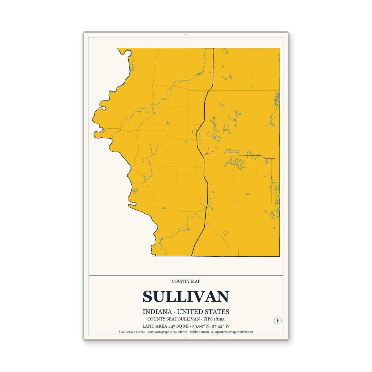 Sullivan County, Indiana Map Aluminum Sign in Citrine Modern style