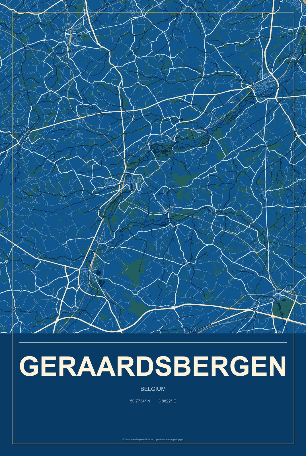 Geraardsbergen, Belgium City Map Aluminum Sign in Harbor Cobalt style