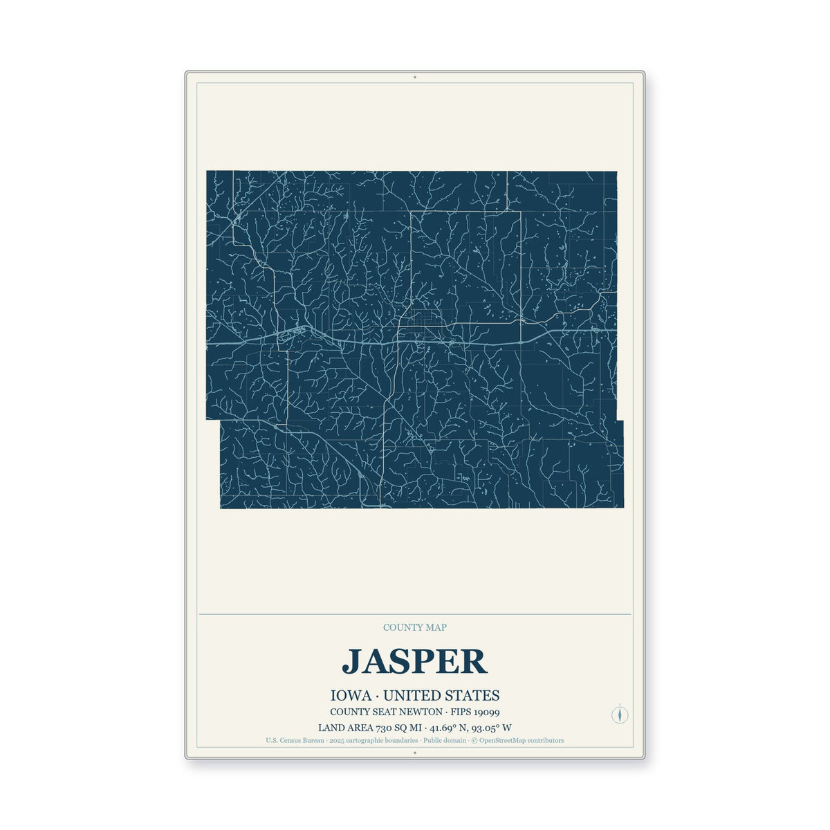 Jasper County, Iowa Map Aluminum Sign in Coastal Cutout style