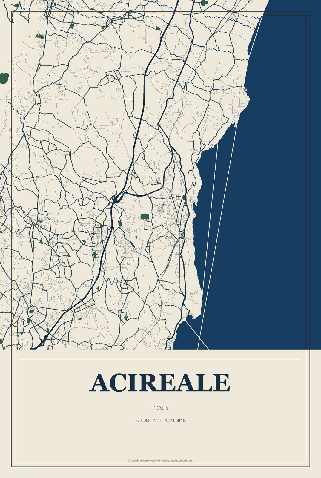 Acireale, Italy City Map Aluminum Sign in Coastal Cutout style