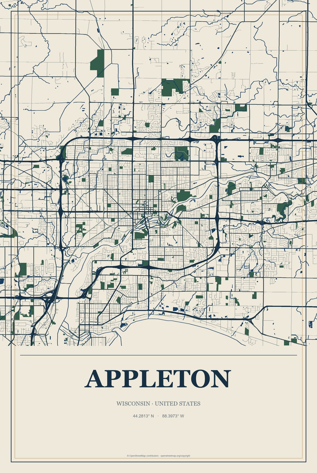 Appleton, Wisconsin City Map Aluminum Sign in Coastal Cutout style
