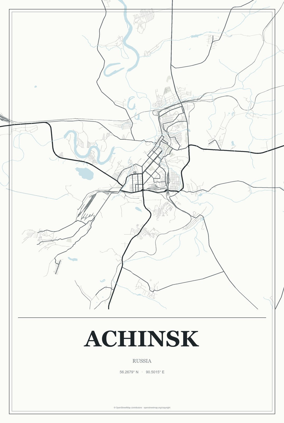 Achinsk, Russia City Map Aluminum Sign in Gallery Air style
