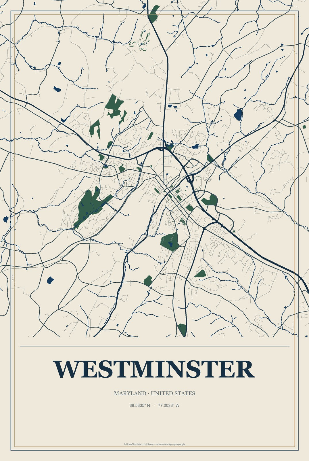 Westminster, Maryland City Map Aluminum Sign in Coastal Cutout style