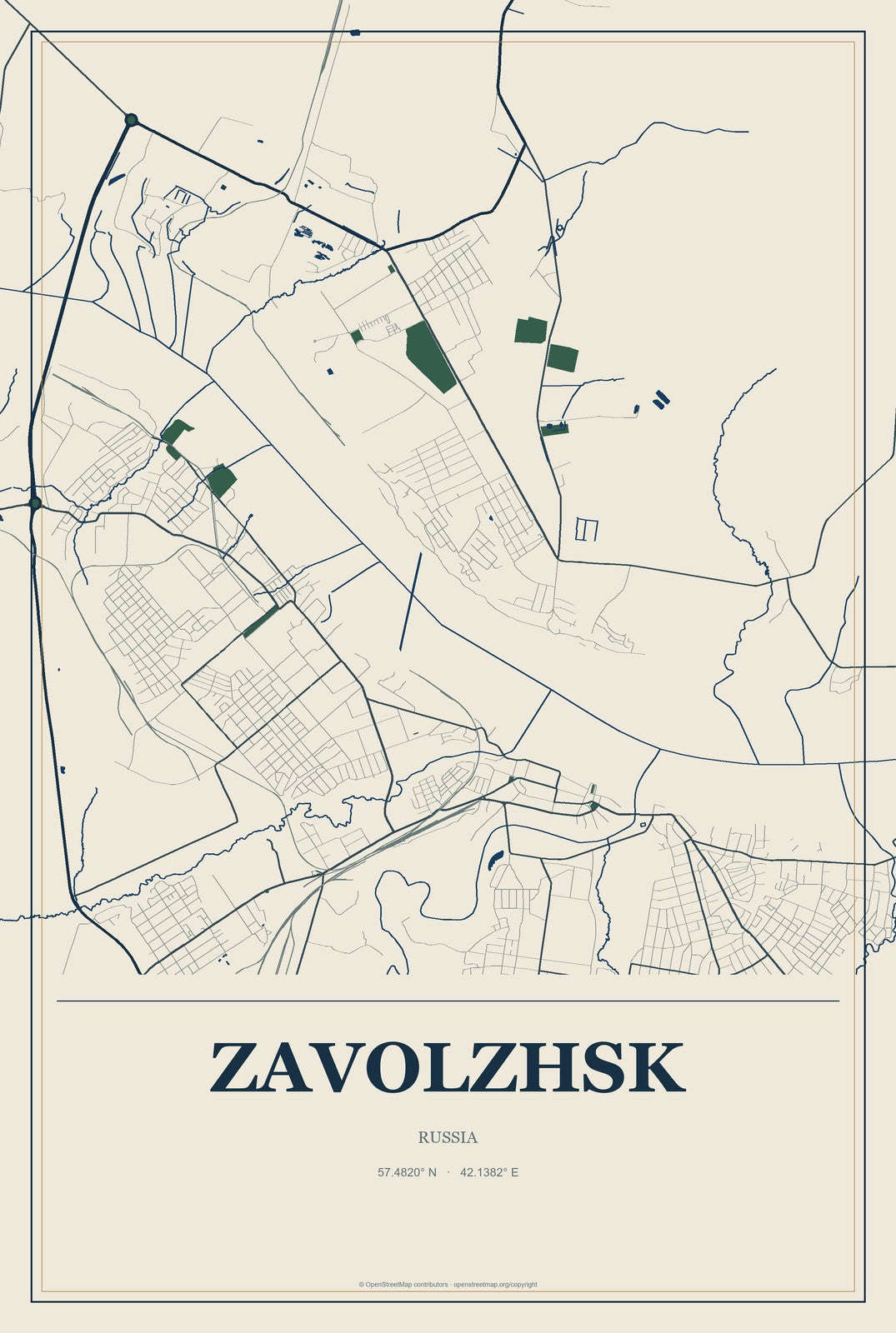 Zavolzhsk, Russia City Map Aluminum Sign in Coastal Cutout style