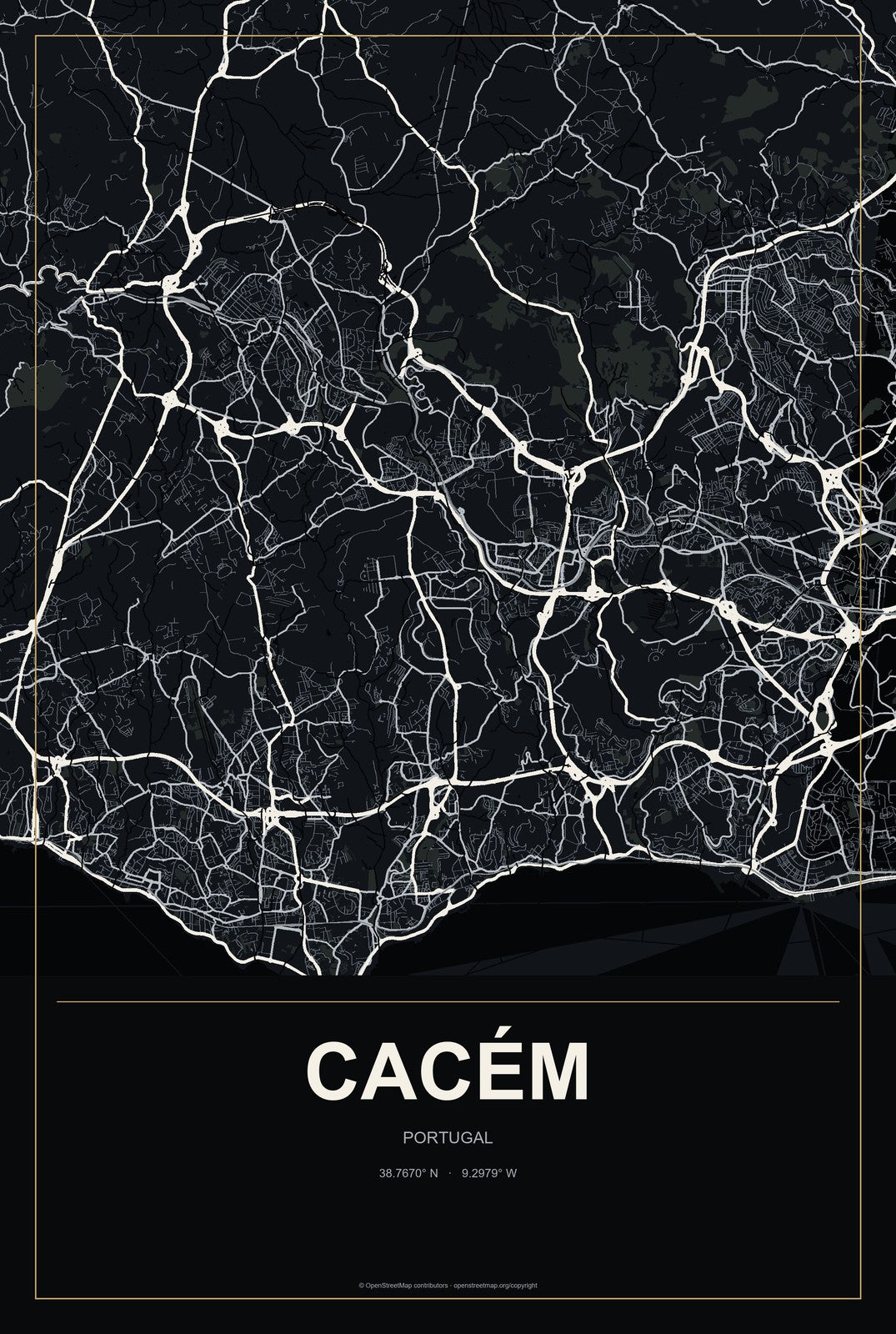 Cacém, Portugal City Map Aluminum Sign in Metropolitan Noir style