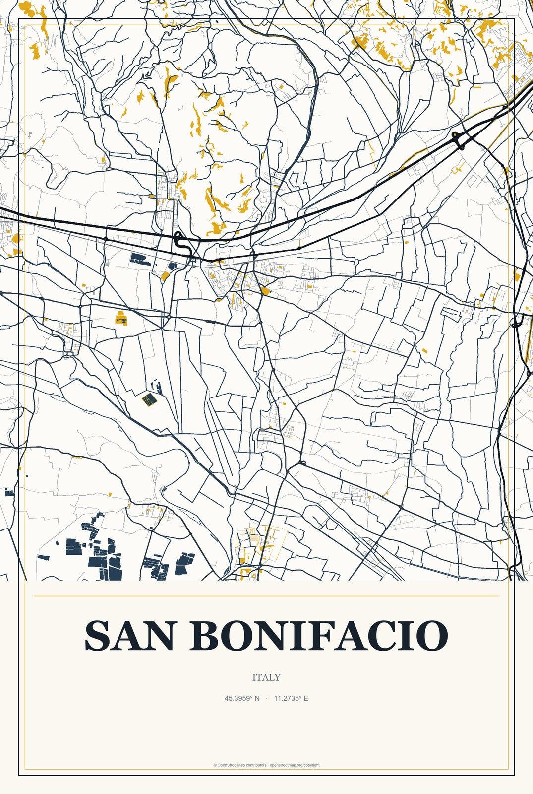 San Bonifacio, Italy City Map Aluminum Sign in Citrine Modern style