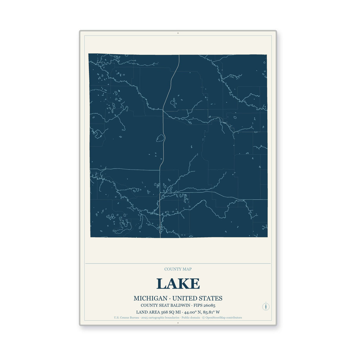 Lake County, Michigan Map Aluminum Sign in Coastal Cutout style