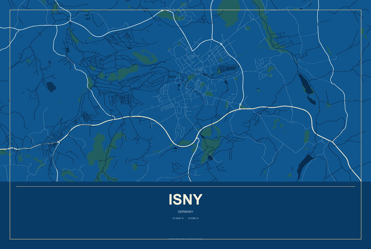 Isny, Germany City Map Aluminum Sign in Harbor Cobalt style