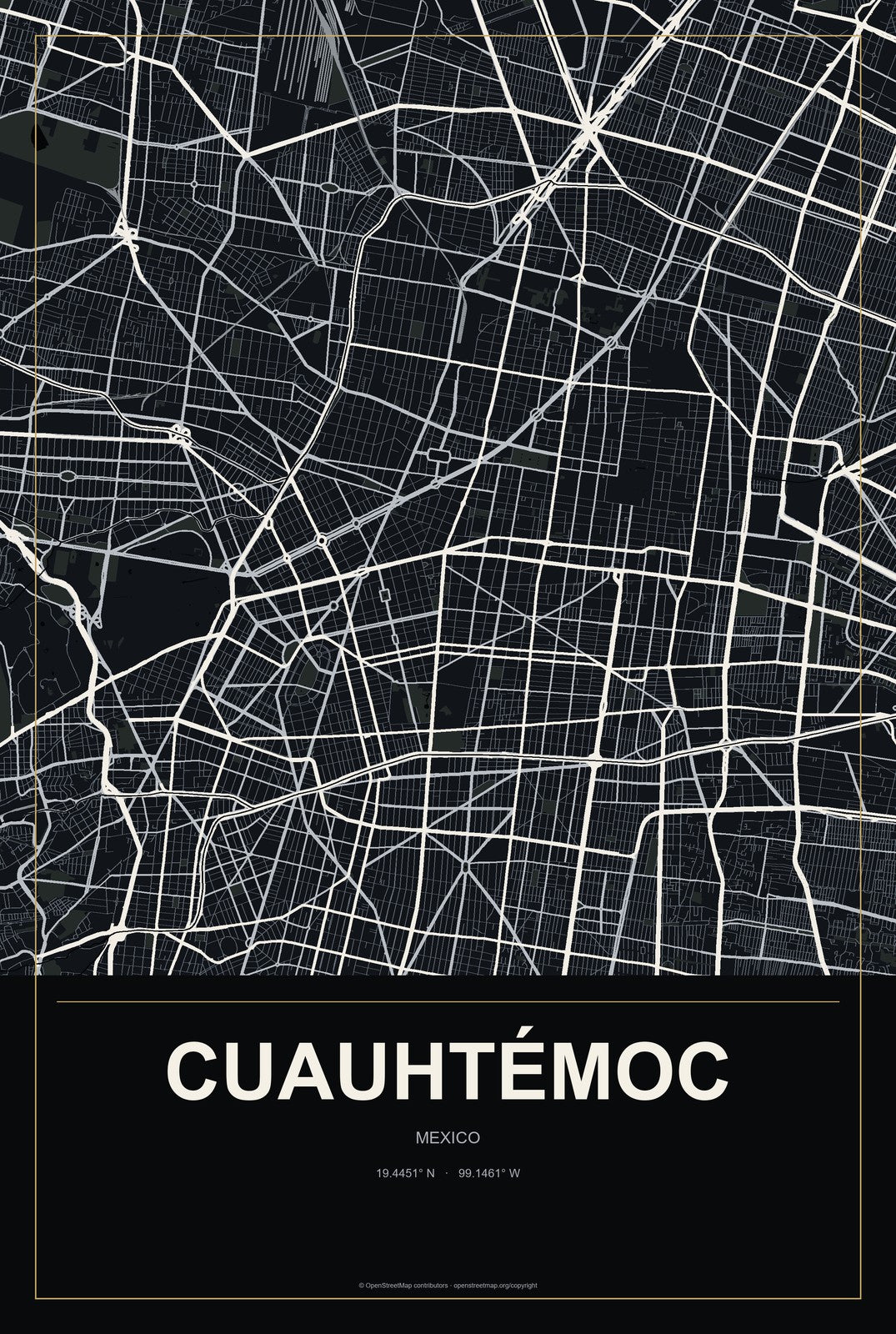 Cuauhtémoc, Mexico City, Mexico City Map Aluminum Sign in Metropolitan Noir style
