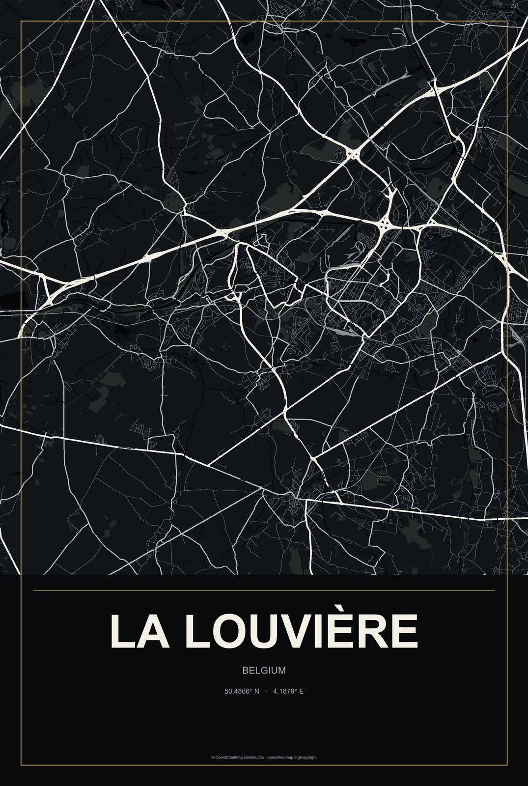 La Louvière, Belgium City Map Aluminum Sign in Metropolitan Noir style