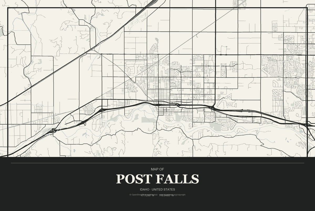 Post Falls, Idaho City Map Aluminum Sign in Museum Plaque style