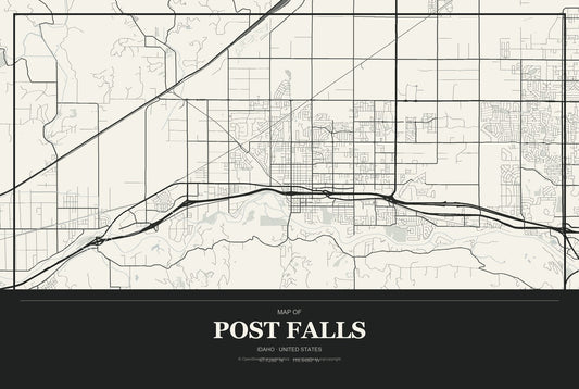 Post Falls, Idaho City Map Aluminum Sign in Museum Plaque style