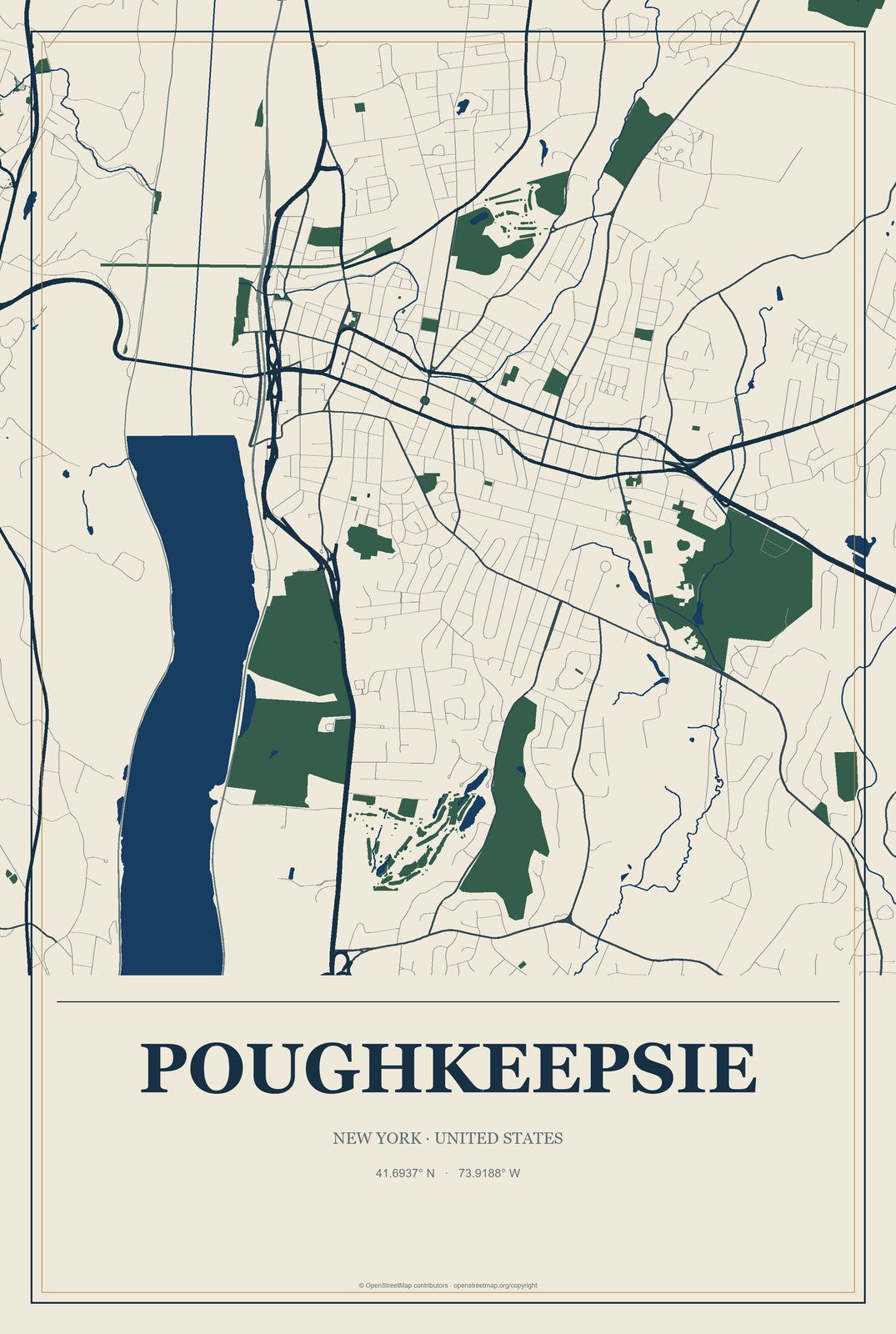 Poughkeepsie, New York City Map Aluminum Sign in Coastal Cutout style