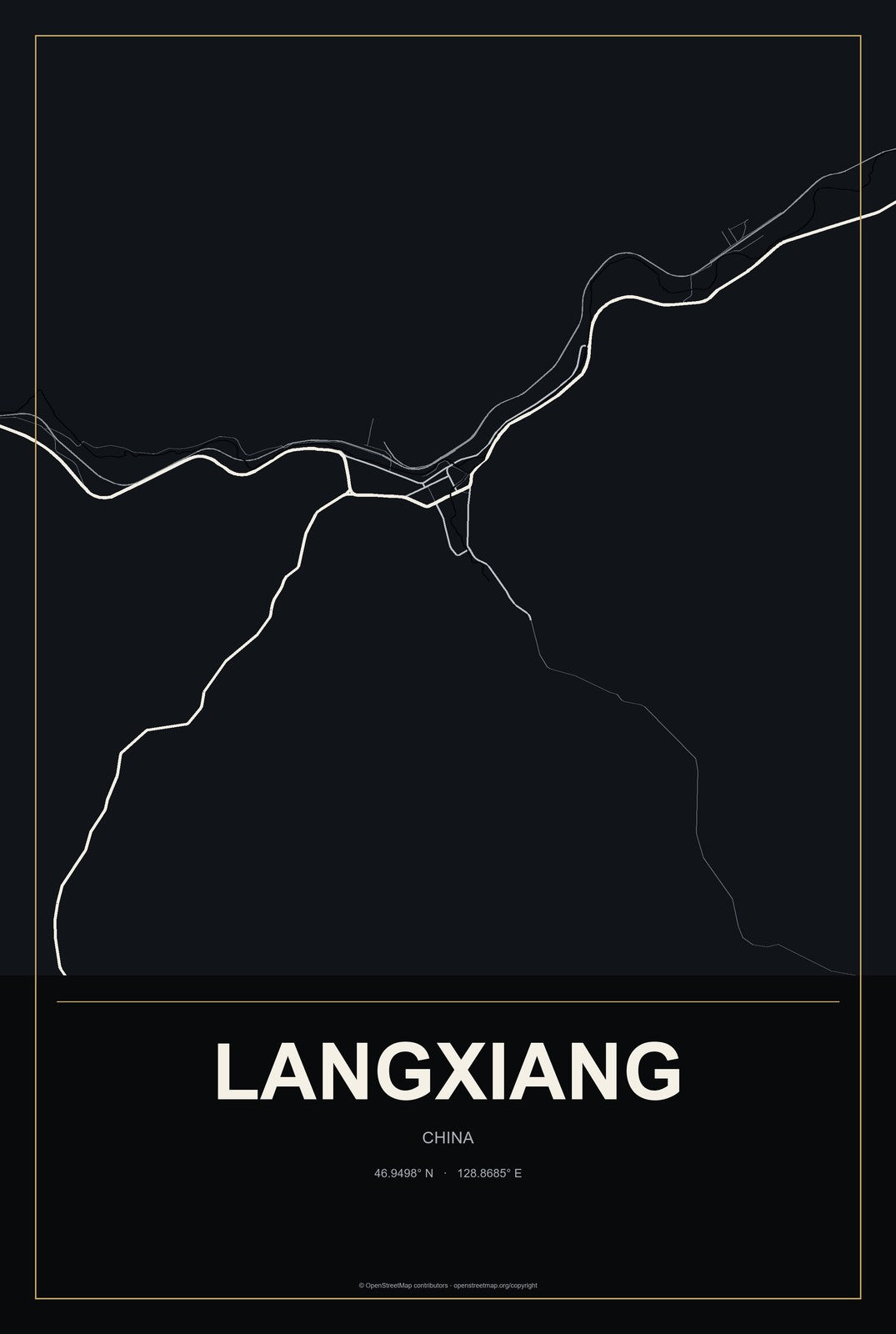 Langxiang, China City Map Aluminum Sign in Metropolitan Noir style