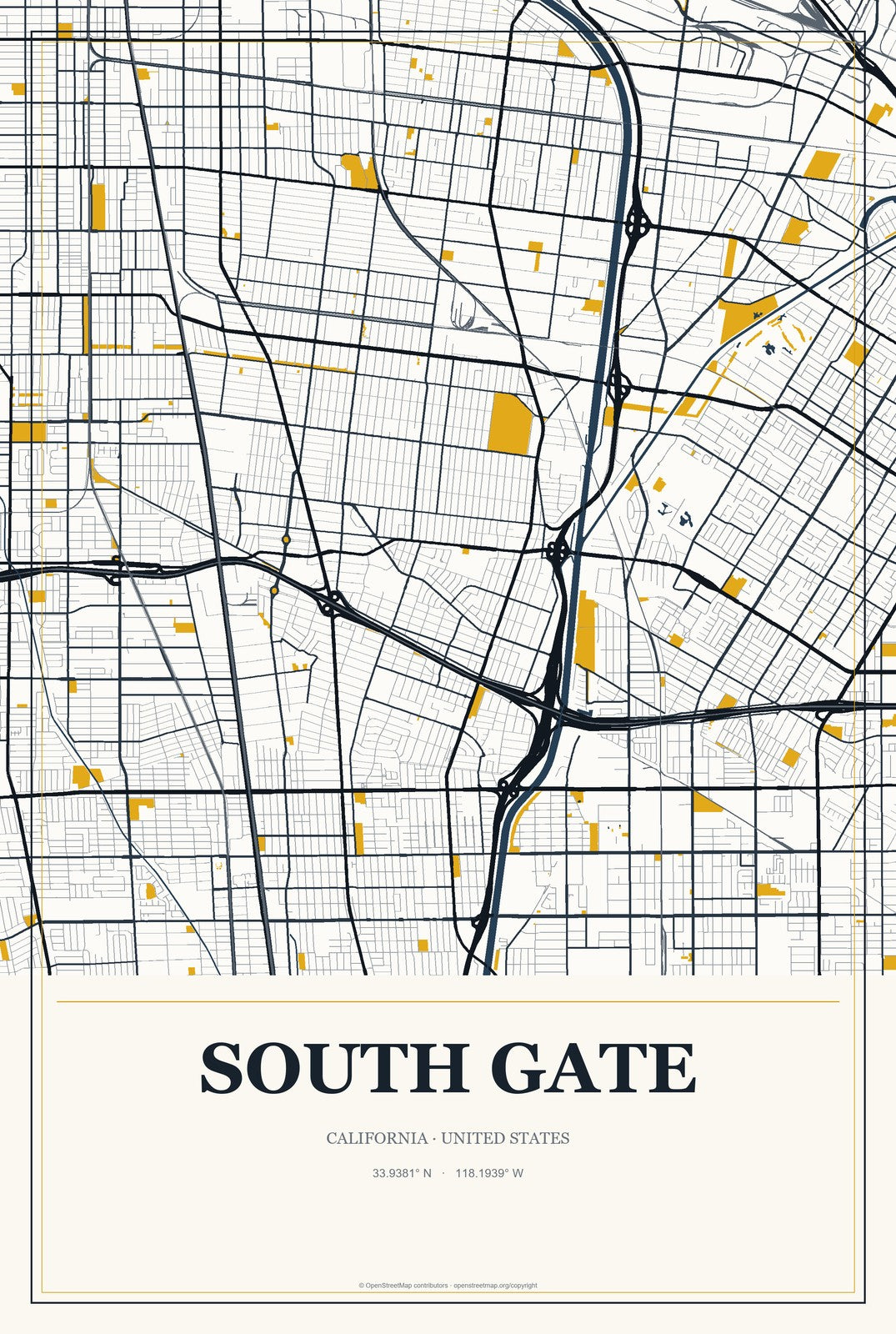 South Gate, California City Map Aluminum Sign in Citrine Modern style