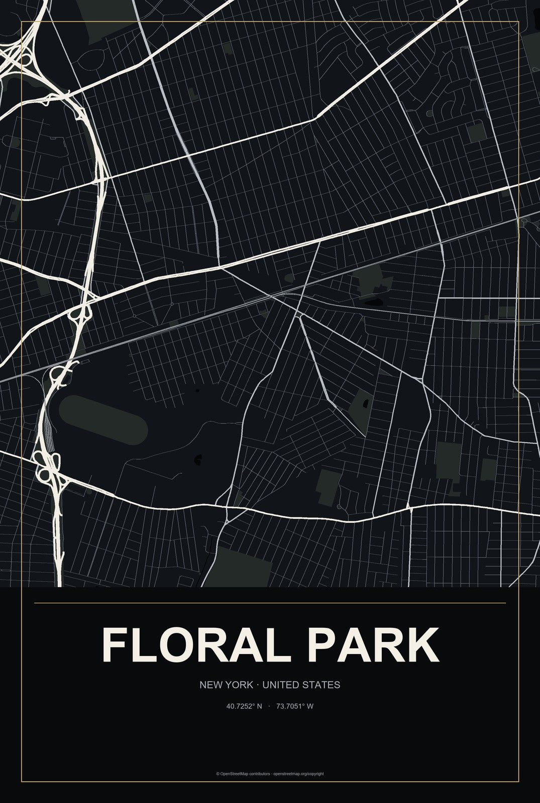 Floral Park, New York City Map Aluminum Sign in Metropolitan Noir style