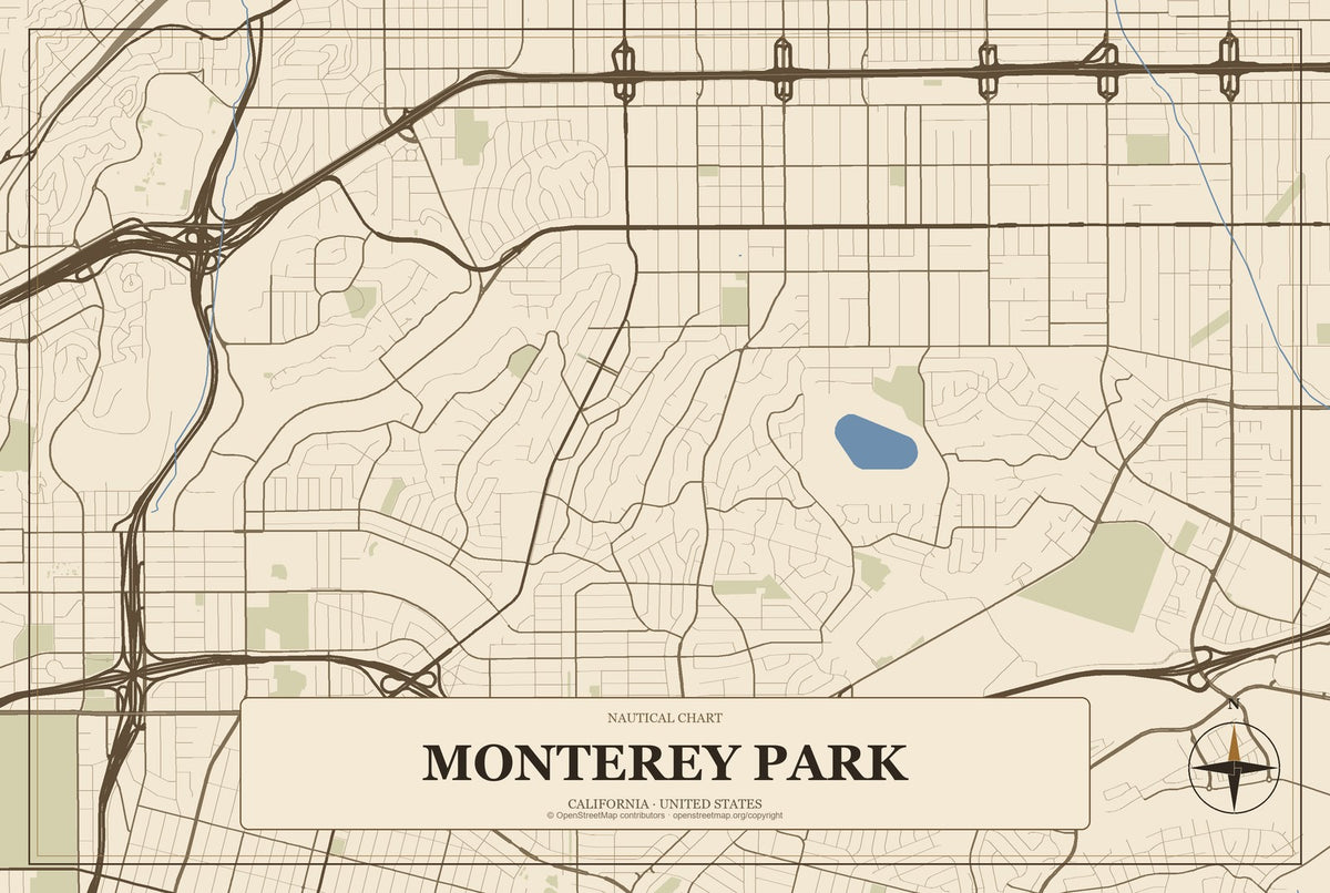 Monterey Park, California City Map Aluminum Sign in Heritage Nautical style