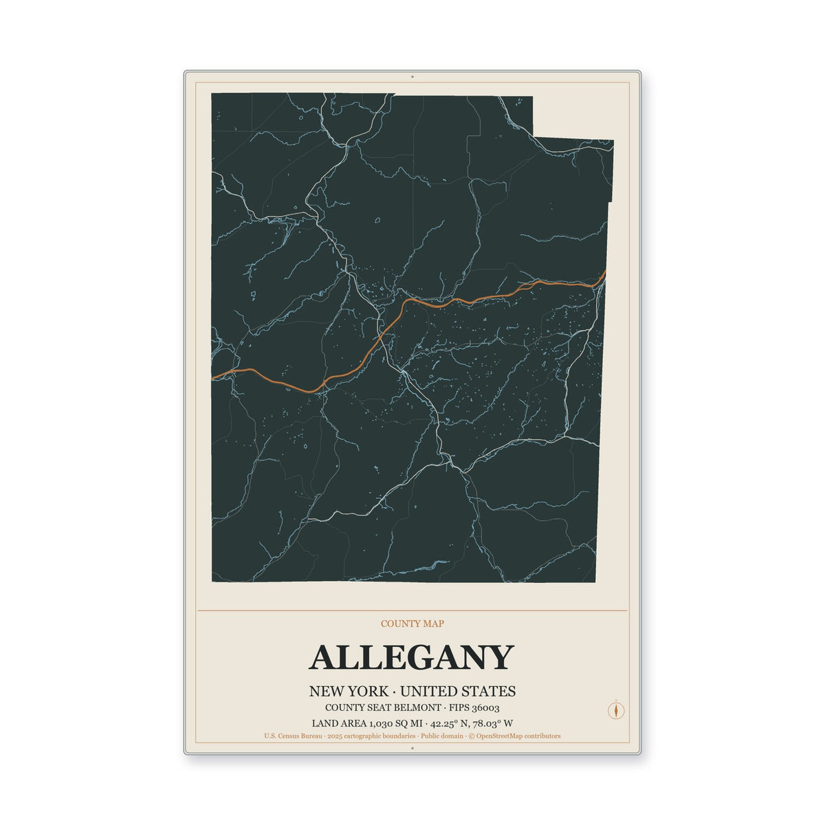 Allegany County, New York Map Aluminum Sign in Headline Atlas style