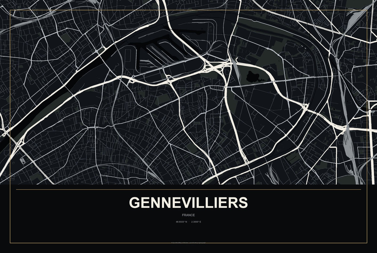 Gennevilliers, France City Map Aluminum Sign in Metropolitan Noir style
