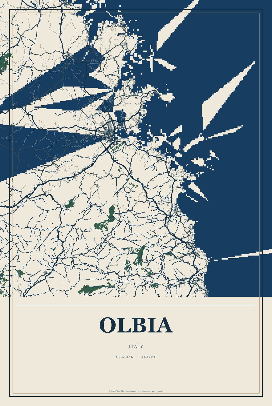 Olbia, Italy City Map Aluminum Sign in Coastal Cutout style