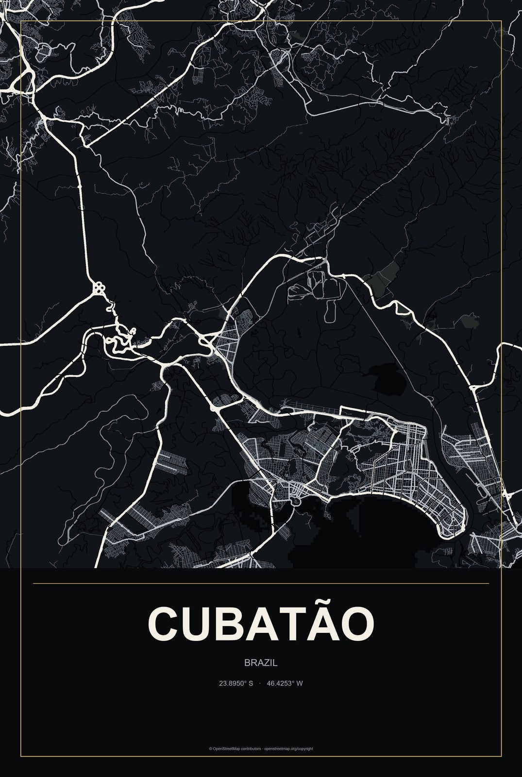 Cubatão, Brazil City Map Aluminum Sign in Metropolitan Noir style