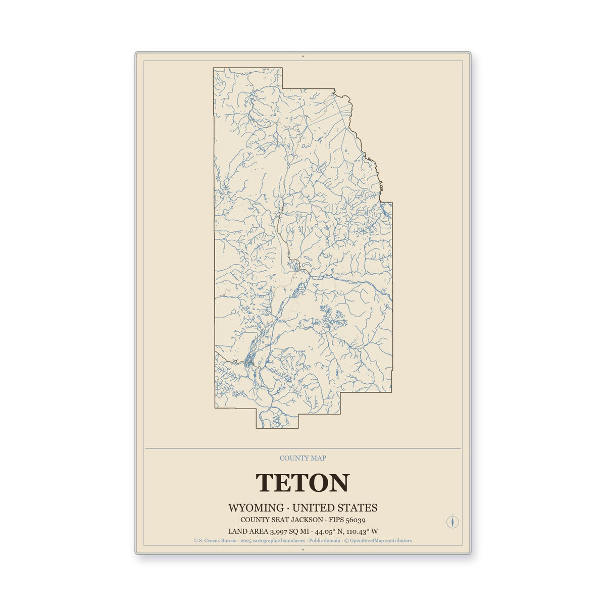 Teton County, Wyoming Map Aluminum Sign in Heritage Nautical style