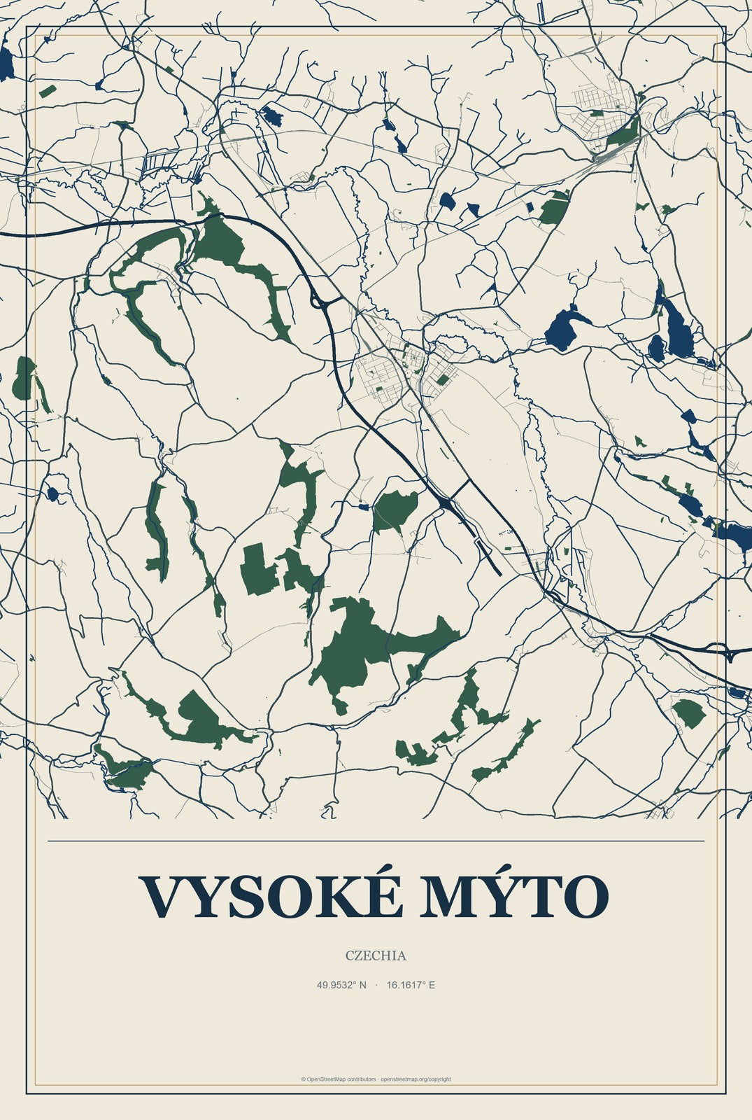 Vysoké Mýto, Czechia City Map Aluminum Sign in Coastal Cutout style
