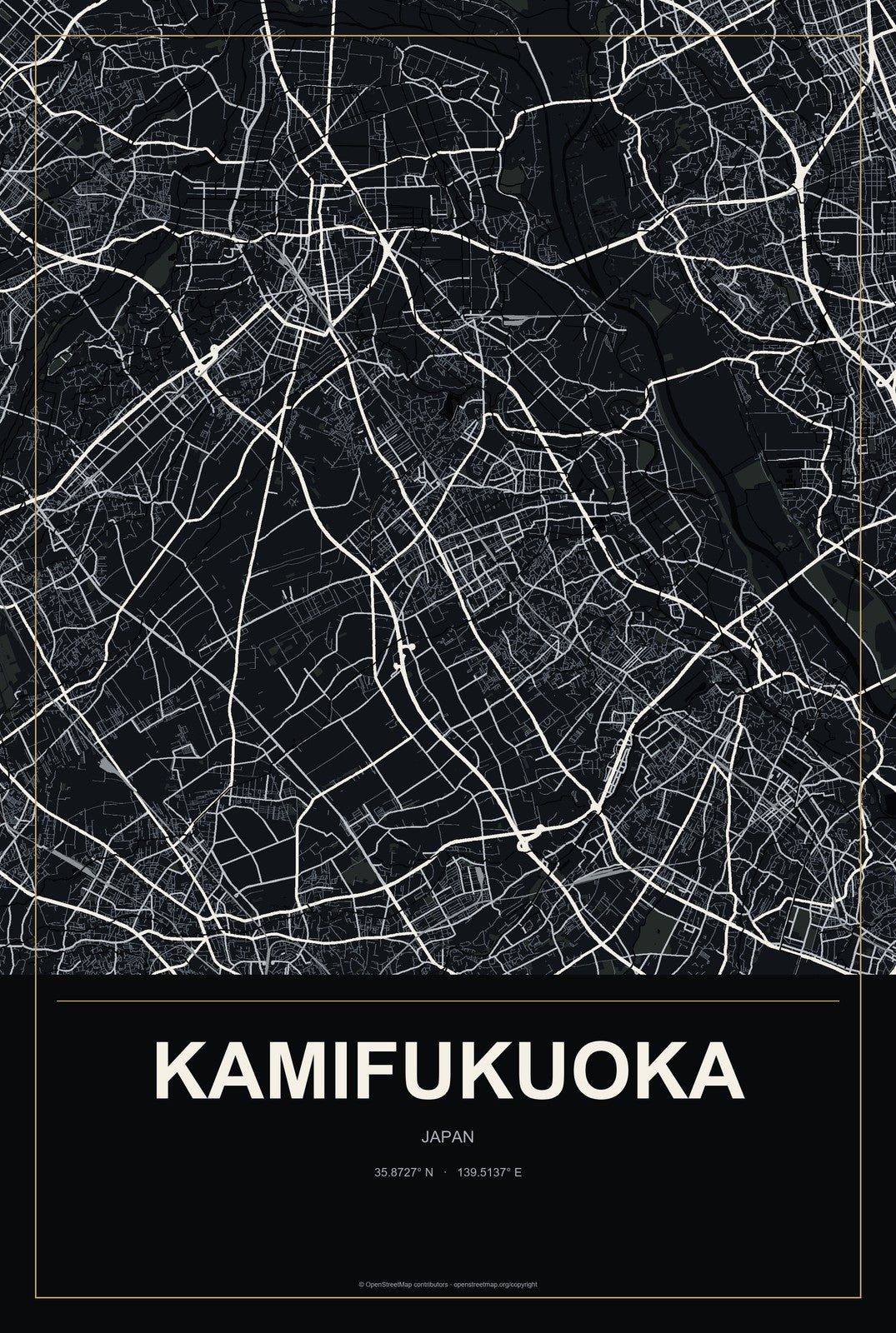 Kamifukuoka, Japan City Map Aluminum Sign in Metropolitan Noir style