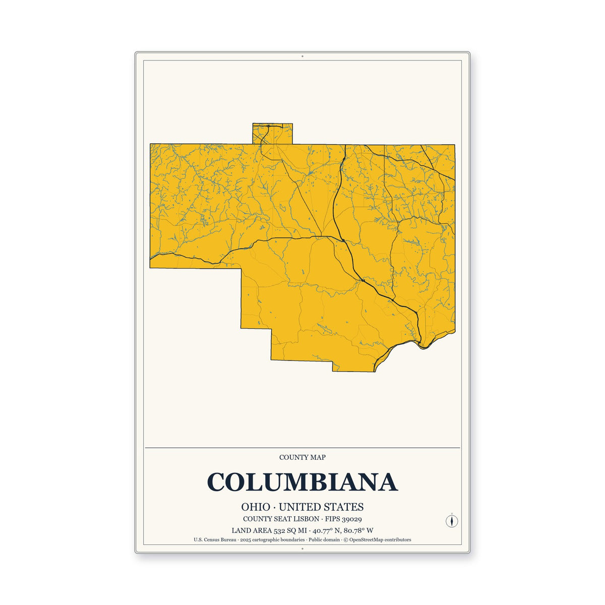 Columbiana County, Ohio Map Aluminum Sign in Citrine Modern style