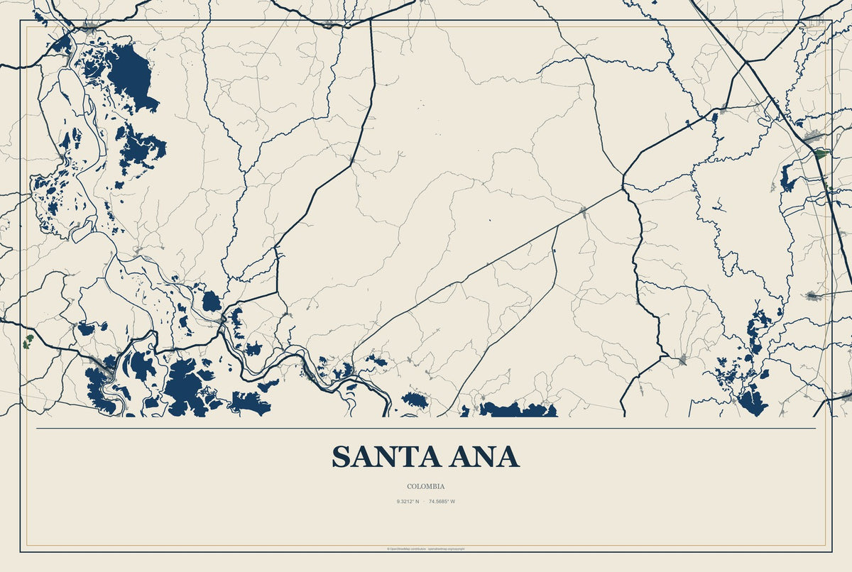 Santa Ana, Colombia City Map Aluminum Sign in Coastal Cutout style