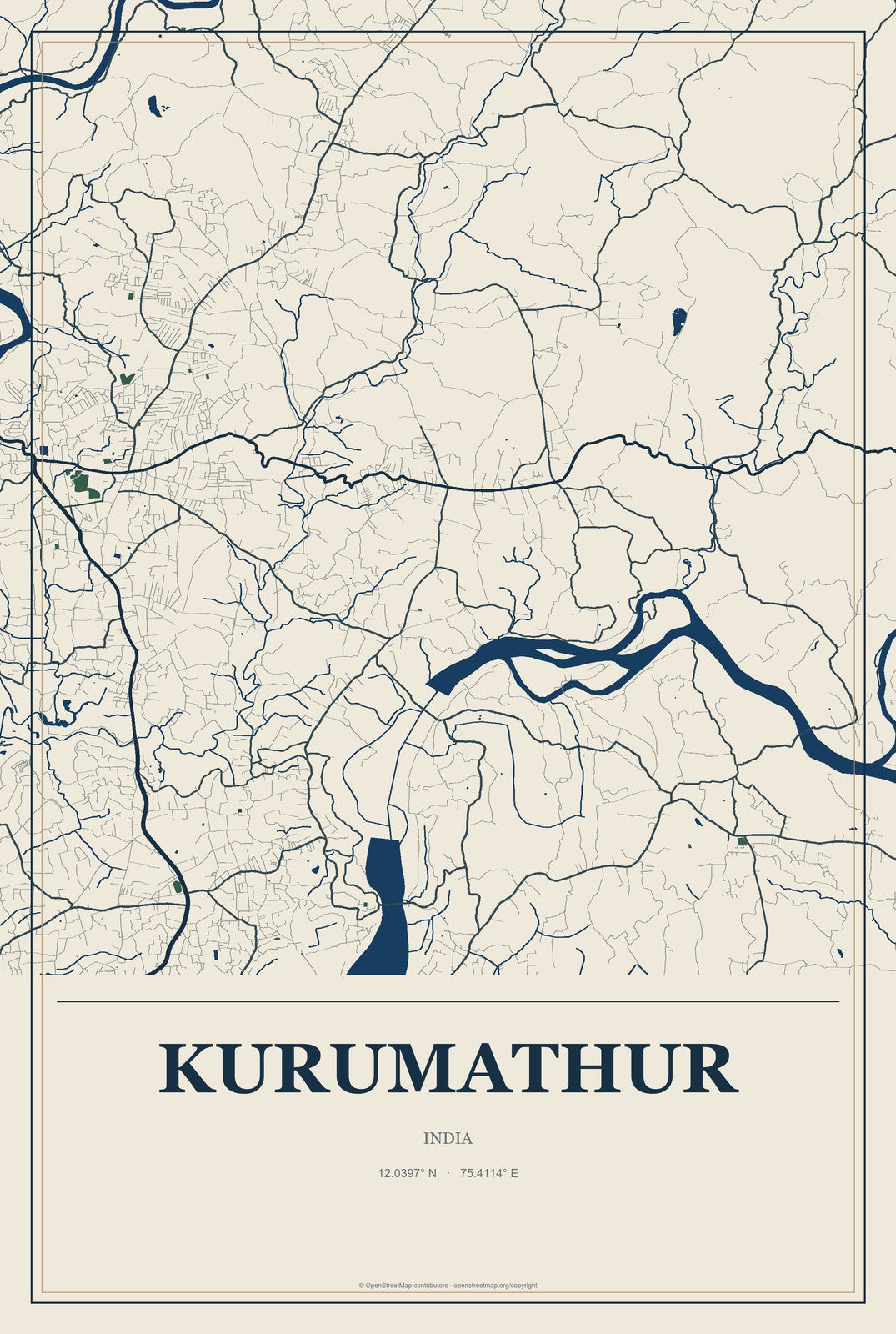 Kurumathur, India City Map Aluminum Sign in Coastal Cutout style