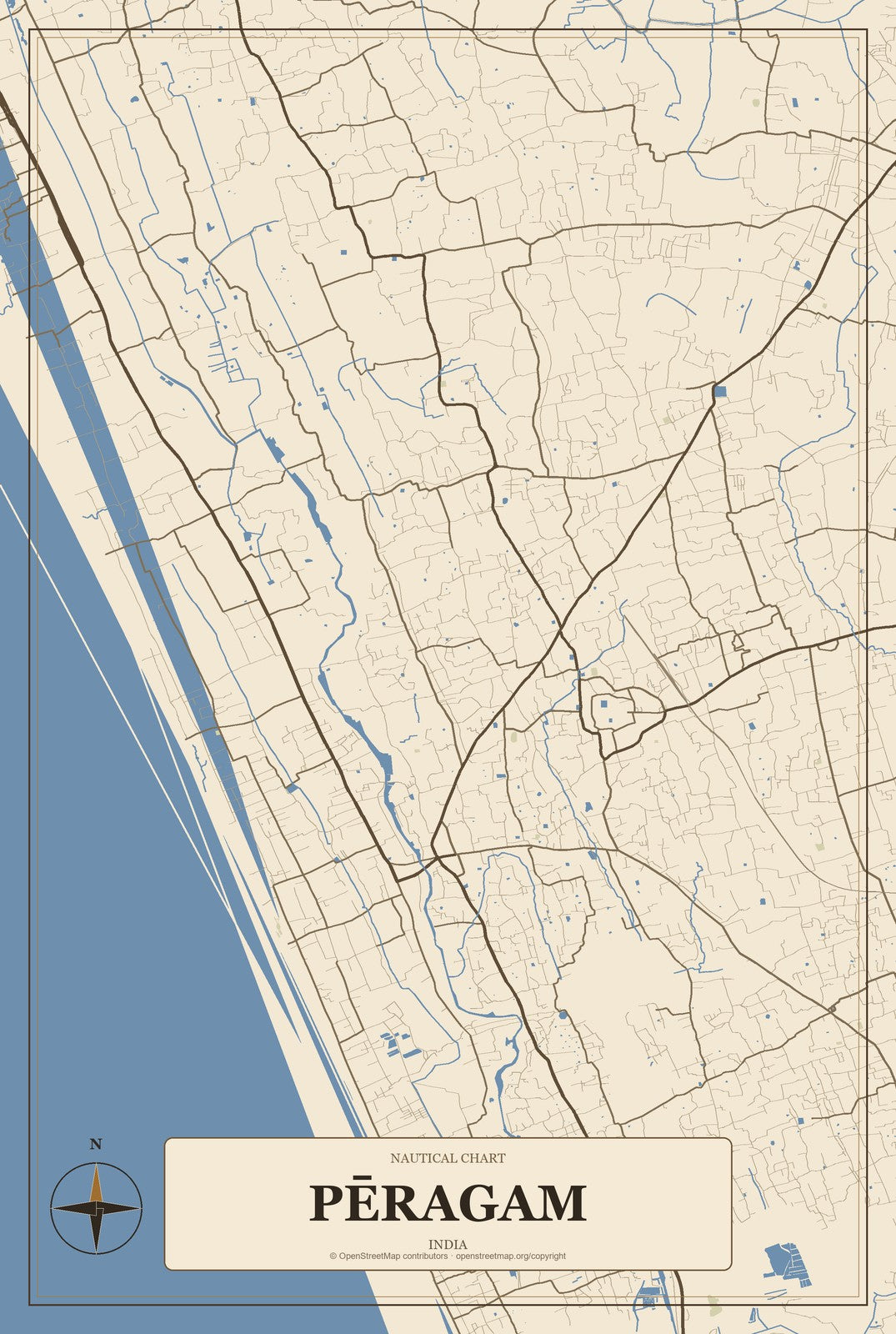 Pēragam, India City Map Aluminum Sign in Heritage Nautical style