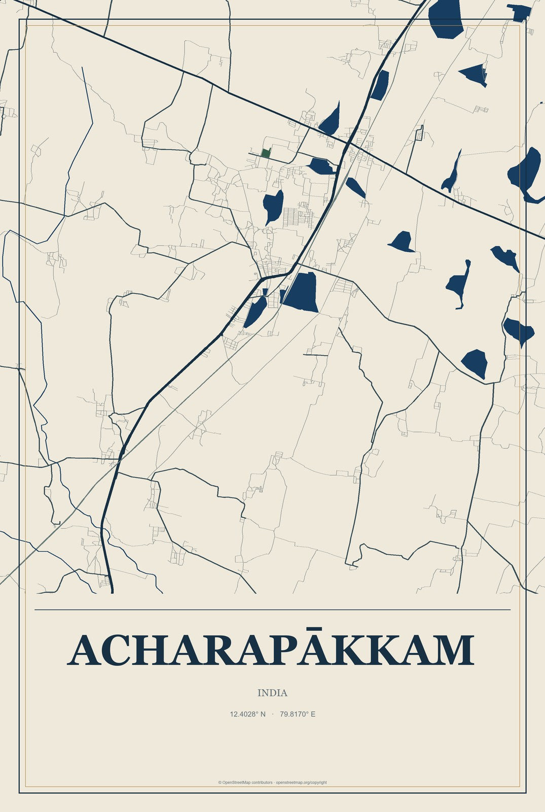Acharapākkam, India City Map Aluminum Sign in Coastal Cutout style