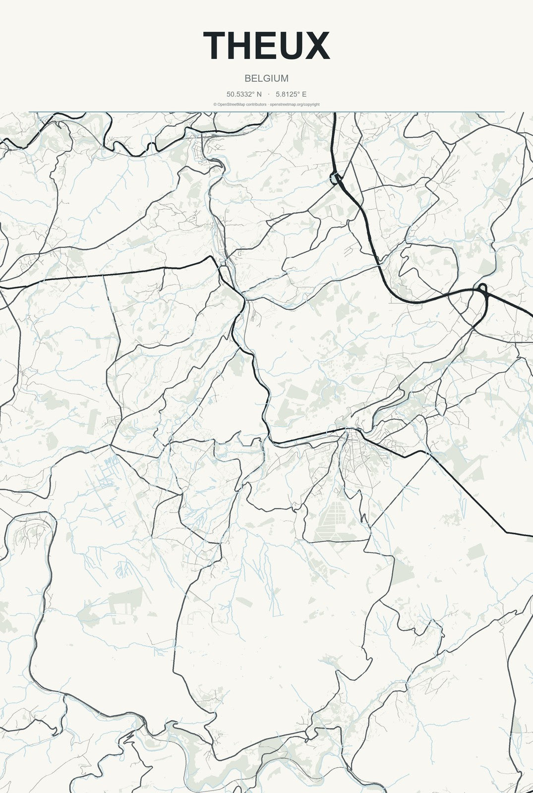 Theux, Belgium City Map Aluminum Sign in Headline Atlas style