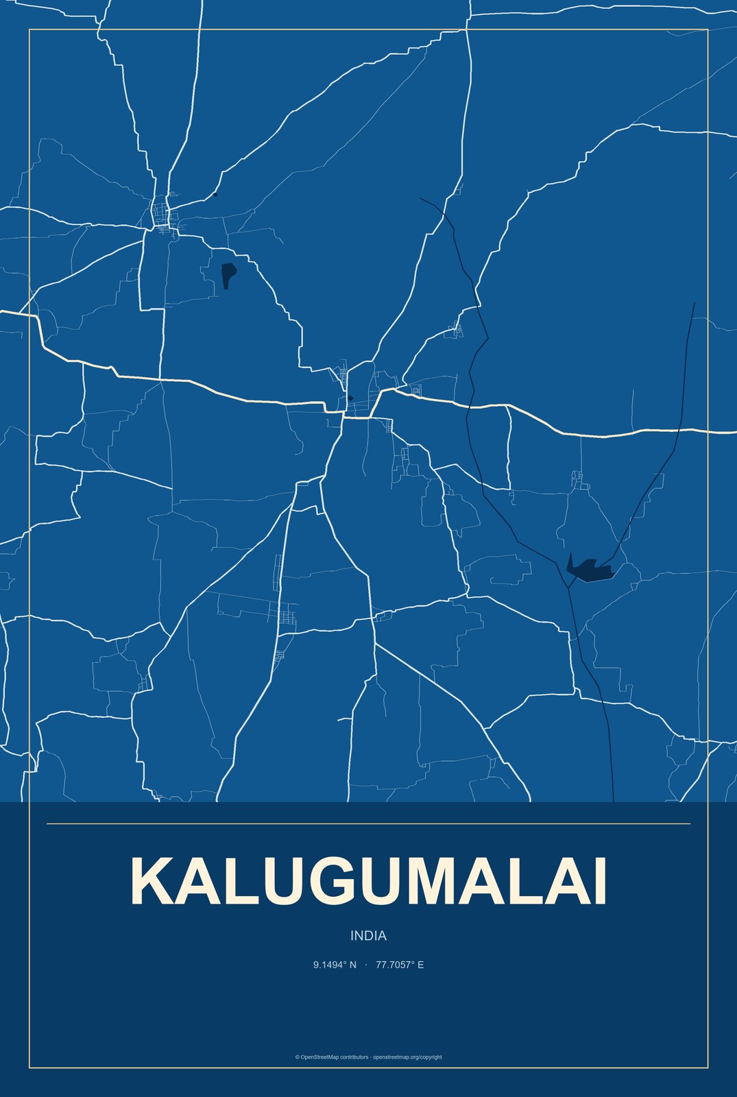 Kalugumalai, India City Map Aluminum Sign in Harbor Cobalt style