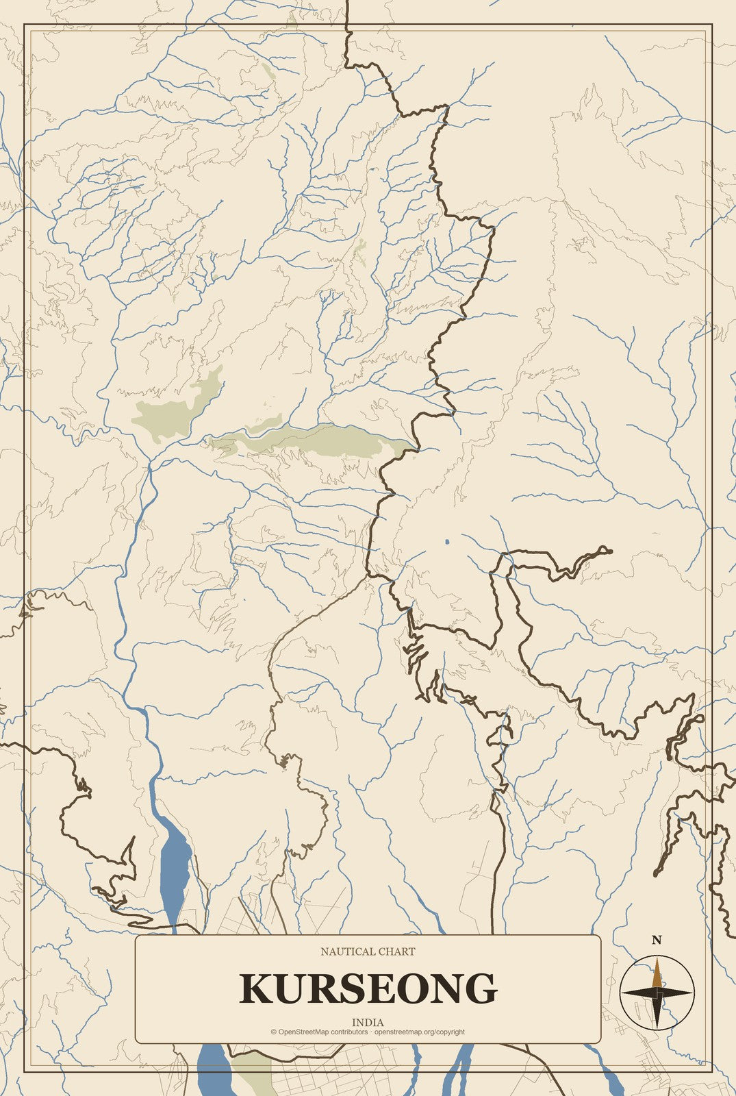 Kurseong, India City Map Aluminum Sign in Heritage Nautical style