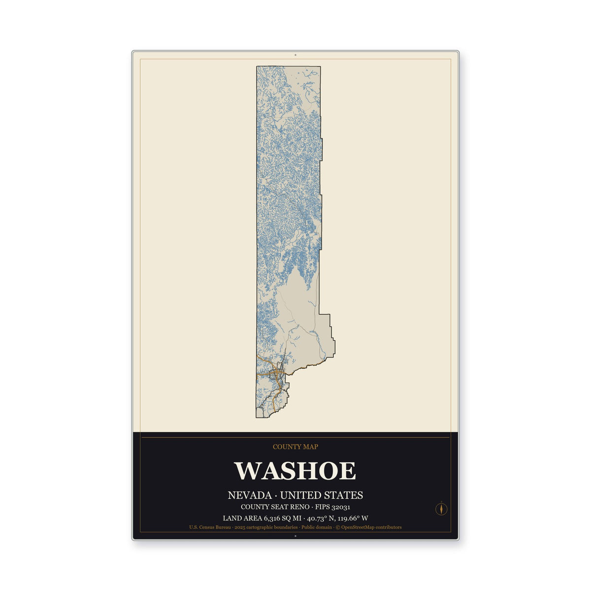 Washoe County, Nevada Map Aluminum Sign in Museum Plaque style