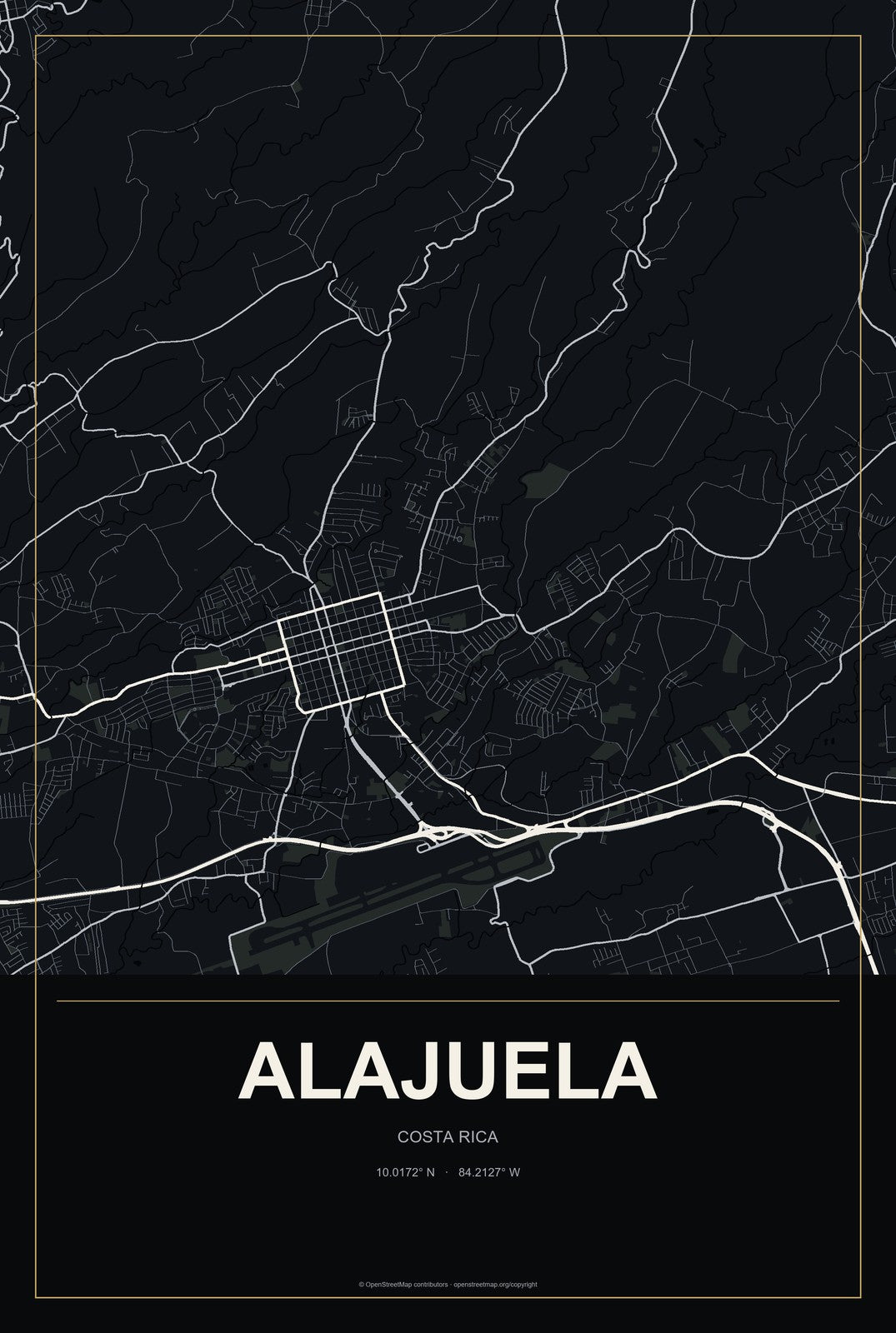 Alajuela, Costa Rica City Map Aluminum Sign in Metropolitan Noir style