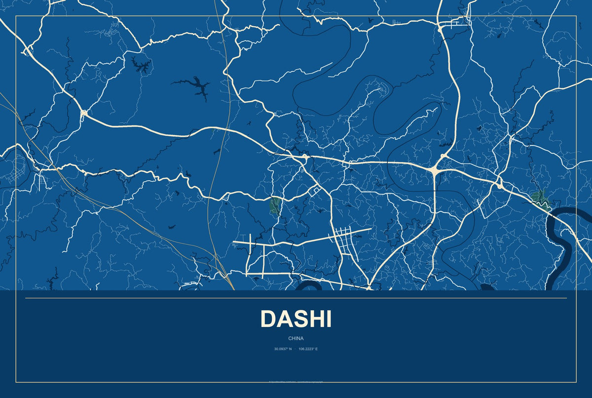 Dashi, Chongqing, China City Map Aluminum Sign in Harbor Cobalt style
