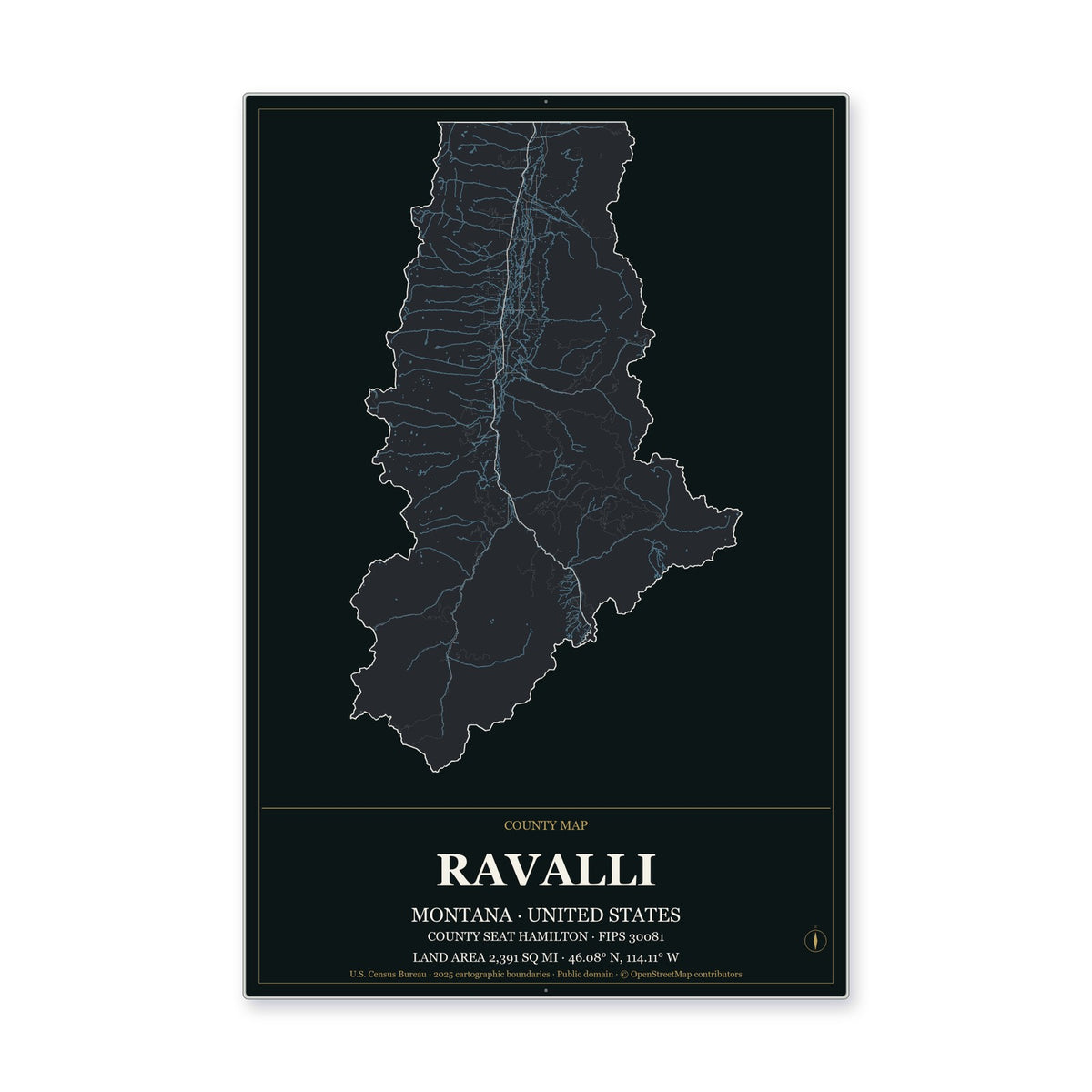 Ravalli County, Montana Map Aluminum Sign in Metropolitan Noir style
