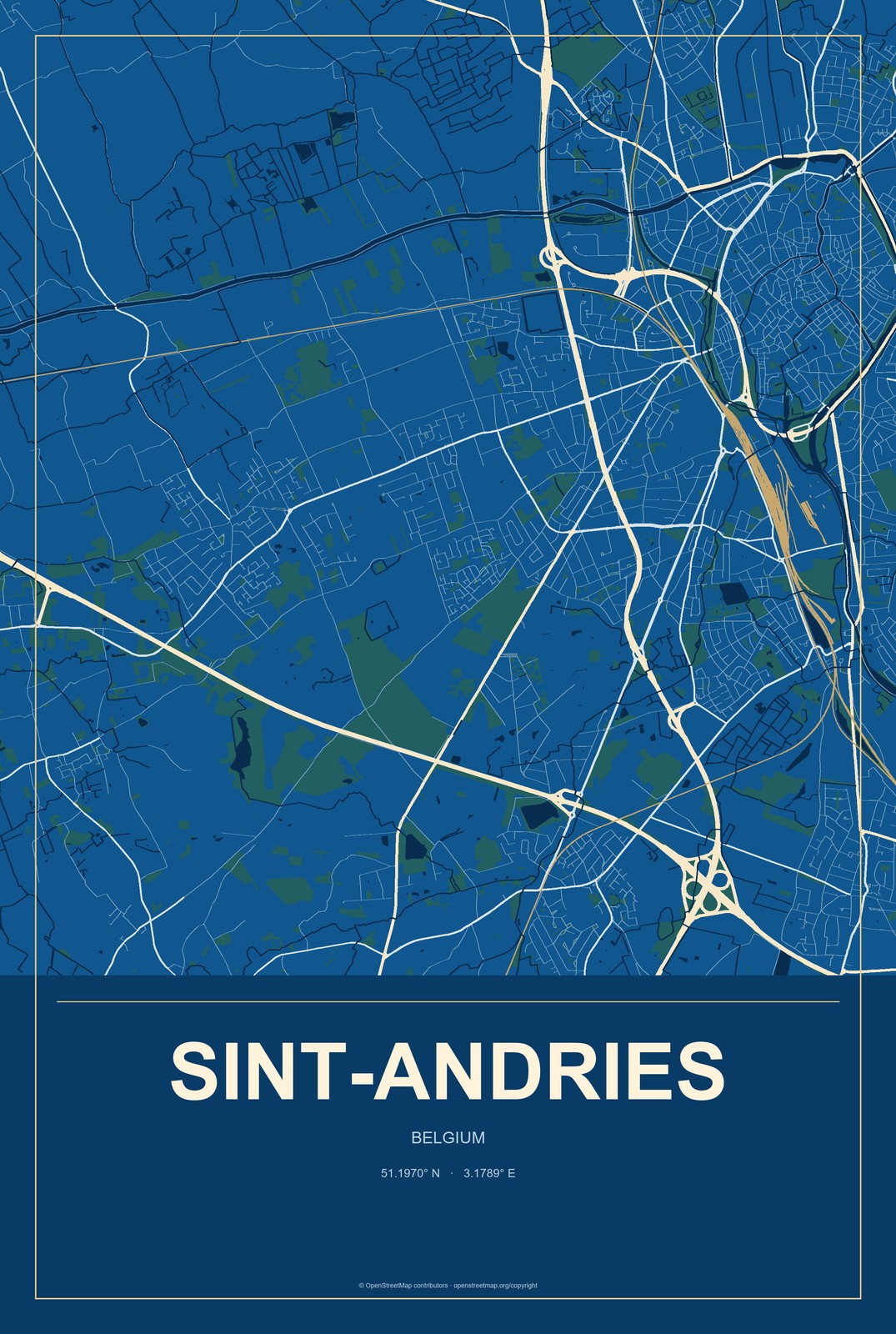 Sint-Andries, Belgium City Map Aluminum Sign in Harbor Cobalt style
