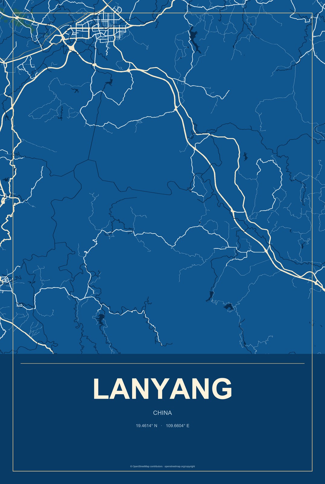 Lanyang, China City Map Aluminum Sign in Harbor Cobalt style
