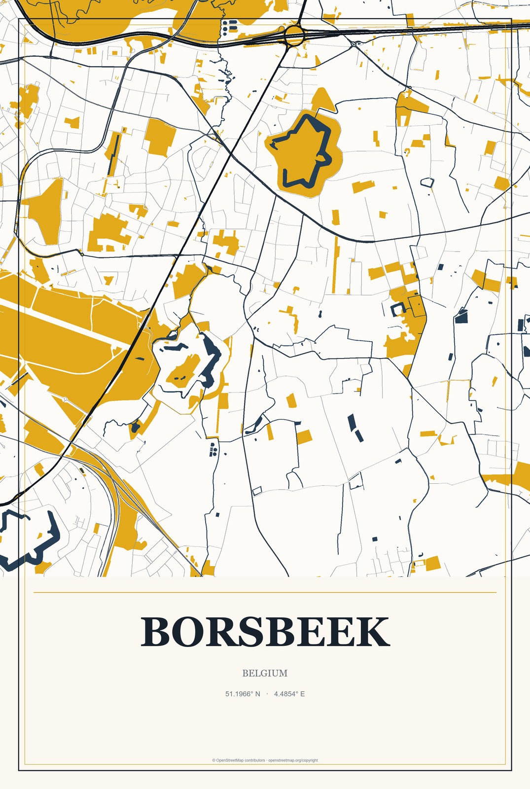 Borsbeek, Belgium City Map Aluminum Sign in Citrine Modern style