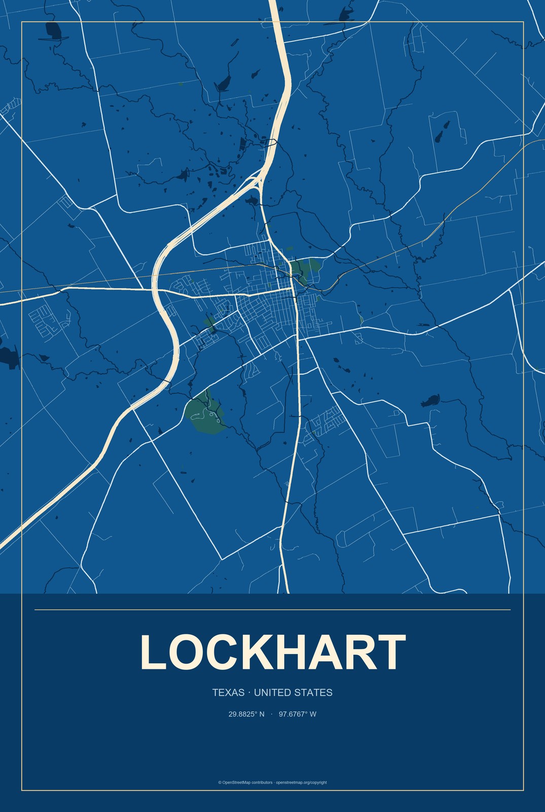 Lockhart, Texas City Map Aluminum Sign in Harbor Cobalt style