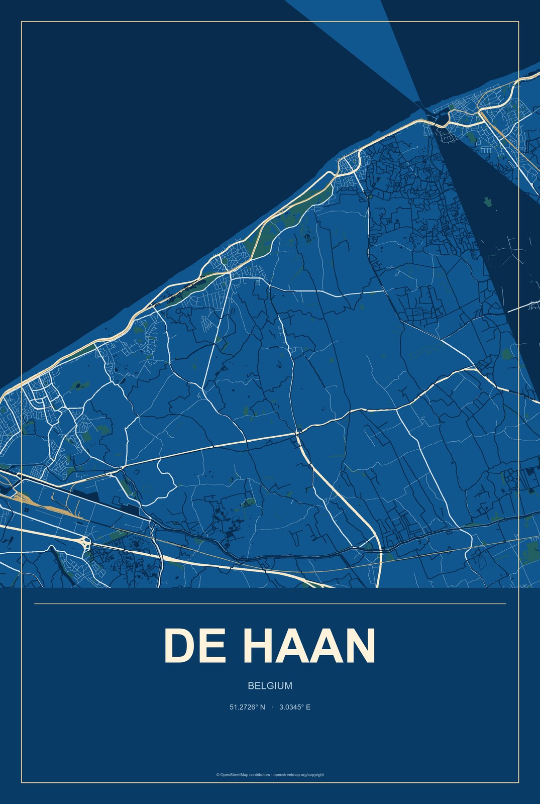De Haan, Belgium City Map Aluminum Sign in Harbor Cobalt style