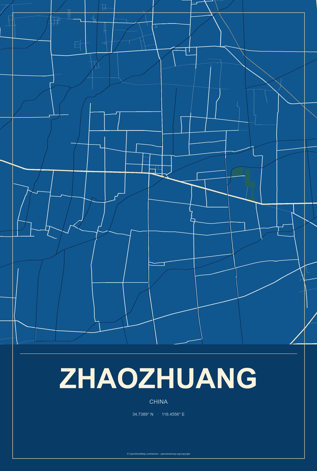 Zhaozhuang, China City Map Aluminum Sign in Harbor Cobalt style