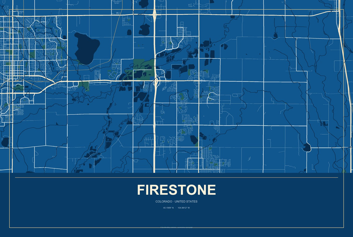 Firestone, Colorado City Map Aluminum Sign in Harbor Cobalt style