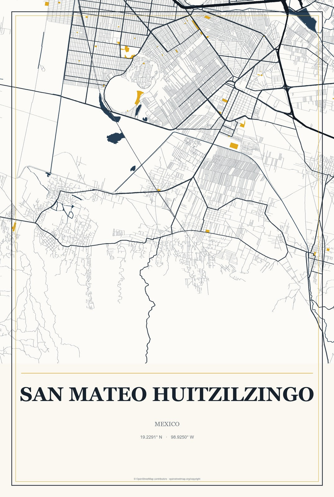 San Mateo Huitzilzingo, Mexico City Map Aluminum Sign in Citrine Modern style